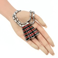 Lanvin Paris Designer Signed Red Black Enamel Stripes Silver Plated Necklace