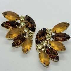 Vtg Art Deco Marquise Rhinestone Statement Orange Brown Climber Earrings Clip-on