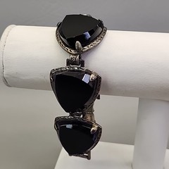 Vintage Bracelet Black Onyx Stone Linked Faceted Chunky Panel Silver Tone 7″
