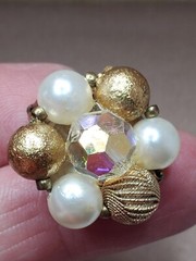 Vintage Lisner Clip On Earrings Gold Tone Pearl Bead Cluster Clear AB Crystal