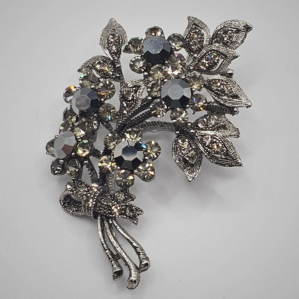 Floral Statement Brooch Dark Silver Gray Tone Rhinestone Pendant Bow 2.5″ Pin