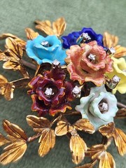Vintage Italy 18K Gold Colorful Flower & Diamond Brooch KG Old Italian Jewelry