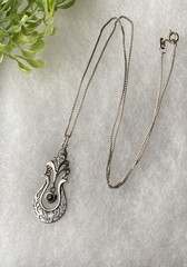 Vintage Sterling Silver Bohemian Revival Large Onyx Pendant 20” Necklace
