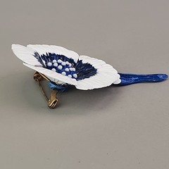 Vintage Enamel Flower Set Brooch Clip On Earrings Navy Blue White Anemone