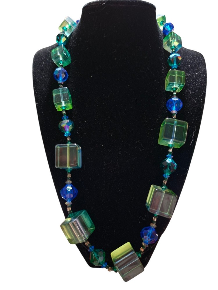 Vintage Vendome Mod Lucite Cube Swarovski Crystal Necklace Blue Green 1960s Coro