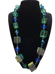 Vintage Vendome Mod Lucite Cube Swarovski Crystal Necklace Blue Green 1960s Coro