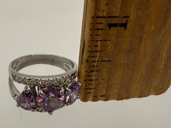 ESTATE STERLING SILVER PASTE AMETHYST THREE STONE RING PEAR HEART OVAL CZ SIZE 8