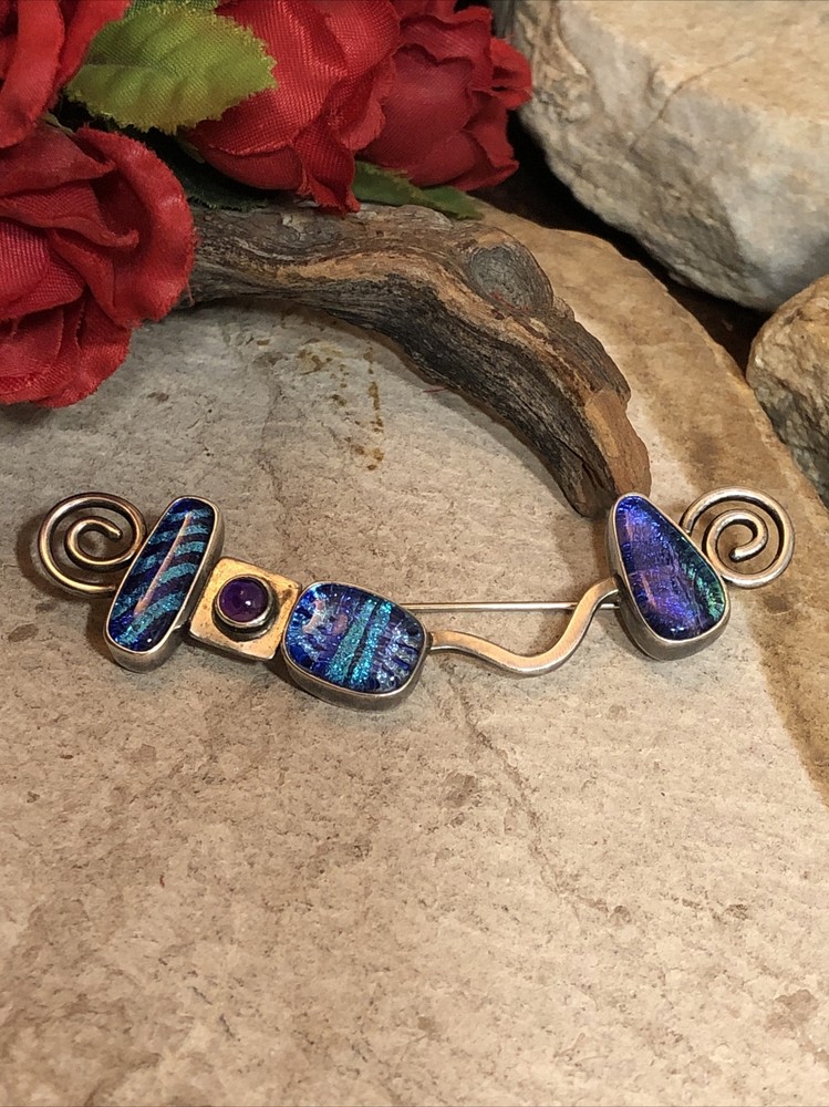 11. Designer 925 Sterling Dichroic Glass Amethyst stone Swirl end Pin 13.3g, 3″