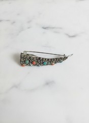 Antique 1930s Chinese Silver Filigree Nail Guard Brooch Turquoise Coral Art Deco