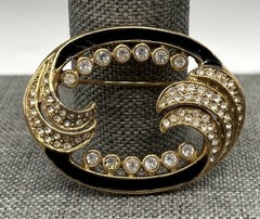 Vintage 1928 Brand Gold Tone Black Enamel Crystal Swirl Brooch Pin Deco Style