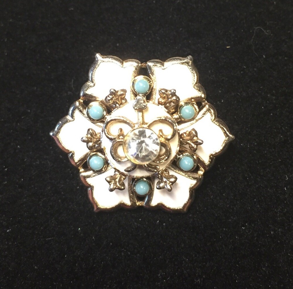 Vintage Rhinestone Enamel Turquoise Flower Brooch