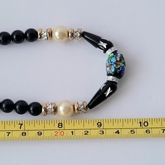 Vtg Japan Laser Cut Metal Lucite Confetti Foil Bead Black Necklace Earrings Set