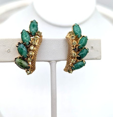 Vintage HOBE Brooch Earrings Set Green Art Glass Gold Mesh Rhinestone