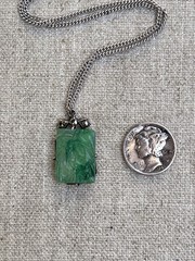 Vintage Sterling Silver 20 In Necklace with Faux Glass Jade Pendant Marked 925