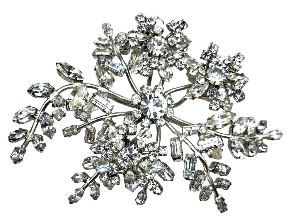 Vintage Rhinestone Floral Brooch Massive Pin Austria ? Costume Jewelry