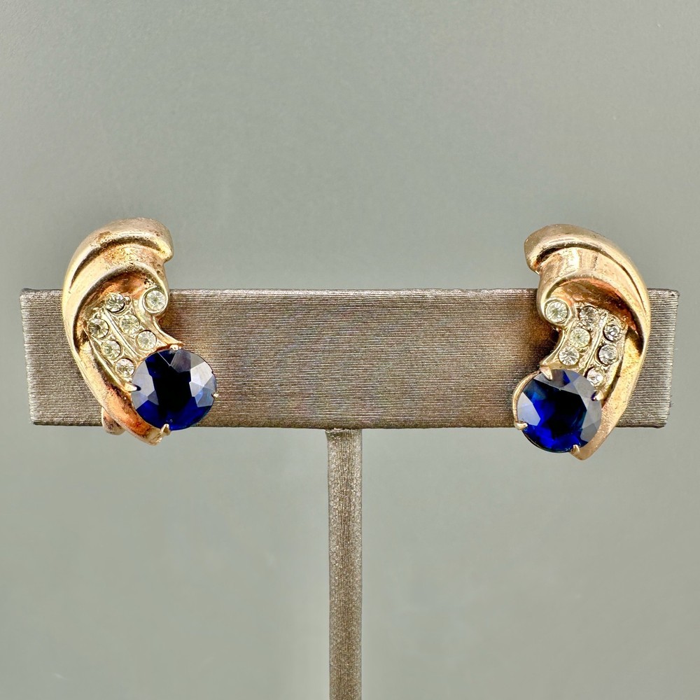 Vintage Sterling Rhinestone Earrings Blue Faux Sapphire Screw Back Mid Century