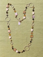 Lia Sophia Cipriani Necklace Long Mother of Pearl MOP Glass Beads Amber Gold