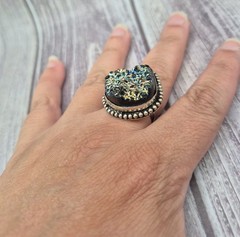 Large Vintage 925 Sterling Silver Blue Gold Druzy Ring Size 8.5 Estate Jewelry
