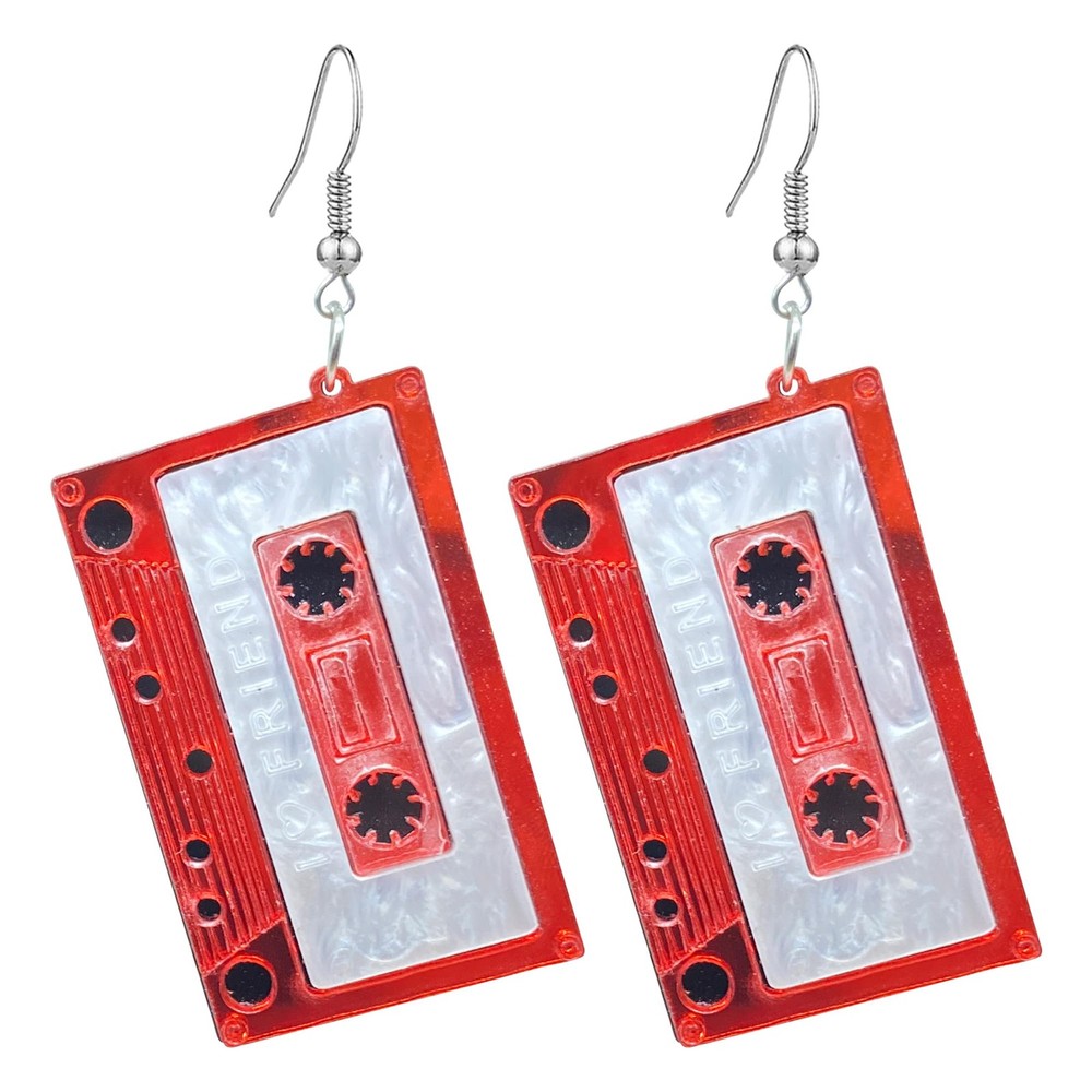 Fuvirou 70s 80s Cassette Tape Earrings for Women Retro Acrylic red