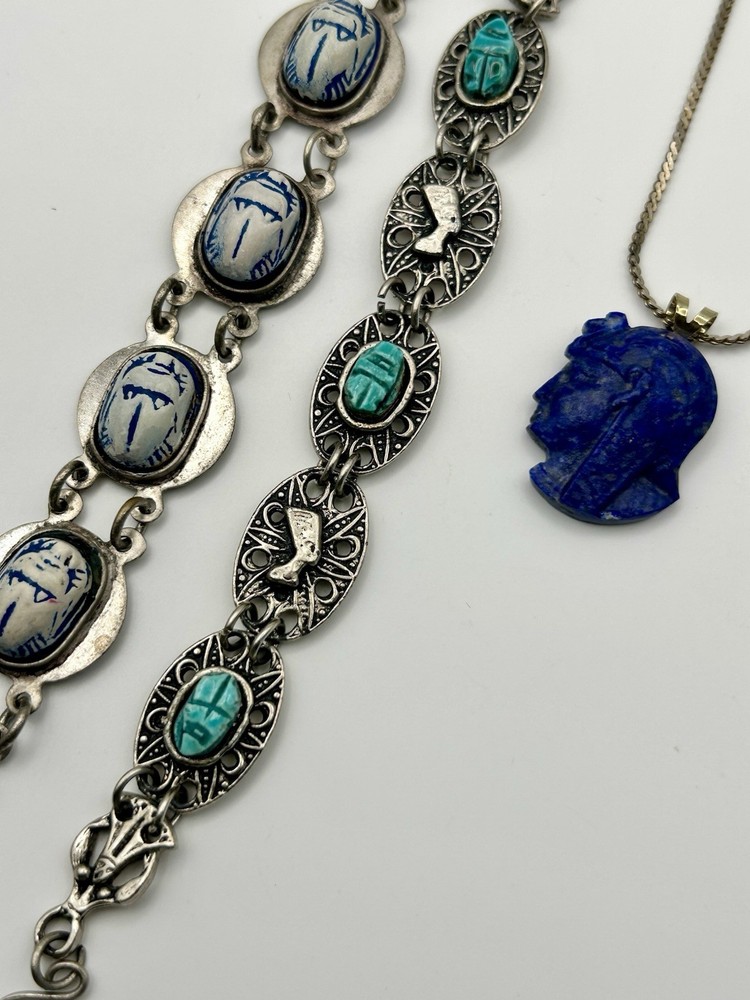 Vintage Scarab Bracelets Pharaoh Pendant Lapis Egyptian Revival Blue *READ*