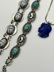 Vintage Scarab Bracelets Pharaoh Pendant Lapis Egyptian Revival Blue *READ*