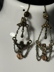Antique Chandelier Peach Beads Earrings Alloy Metal Self Clasp Beautiful 2inch