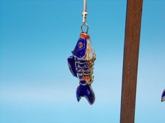 Vintage Cloisonné Blue Enamel Koi Fish Dangle Articulated Earrings French Wire