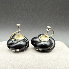 Vintage Black Lucite & Rhinestone Love Knot Screw Back Earrings Retro Statement