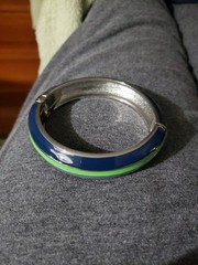 Vintage Blue Green Stripe Enamel Silver Tone Clamp Cuff Bangle Bracelet Clip On