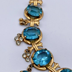 Stunning Vintage Aqua Blue Crystal Bib Necklace Gold Tone Art Deco
