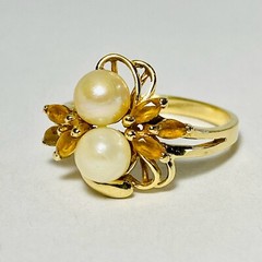 Vintage 14K Yellow Gold Twin 5.5mm Pearl 0.60ctw Citrine Size 8.25 Ring 4.3g