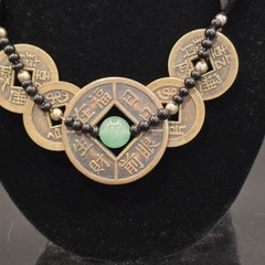 Chinese 5 FULU Coin 23″ Necklace w/Black Onyx/Obsidian Beads & Center Jade Stone