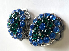 Weiss Rhinestone Earrings Green & Blue Prong Set Stones Signed Vintage Jewelry