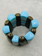 Vintage Chunky Striped Resin Stretch Bracelet Blue Aqua Brown Lucite Acrylic