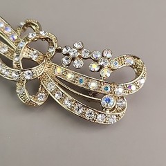 Rhinestone Ribbon Bow Brooch Clear AB Flowers Gold Tone 3.25″