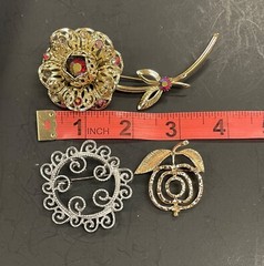 3 Sarah Coventry Signed Vintage Brooches Flower Apple Filigree