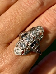 Belais 1.5cttw Diamond Blue Sapphire 18k Gold Shield Ring Antique Art Deco 1920s