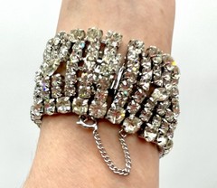 Vtg Estate Piece 7 Rows Rhinestones w/Safety Chain Runway Statement Mint