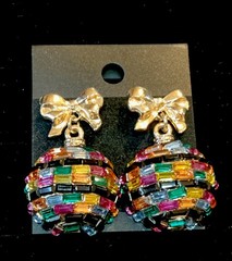 Vintage Glass Beaded Multi Color Gold Tone Holiday Ornament Drop Earrings-Rare!