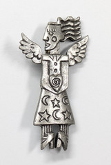 Vintage Silver Tone Winged Angel Fairy Holding Heart Brooch Pin 2.25″ Celestial