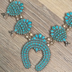 Sancrest Vintage Silver-Toned Double Strand Turquoise Squash Blossom Necklace