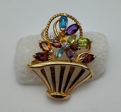Vintage Colorful Stones Flower Basket 14K Yellow Gold Brooch Pin