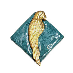 Vintage Parrot Brooch Green Enamel Gold tone Bird Square 2.25 in