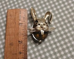 Vintage Brooch Rabbit Head Pin Amber Topaz Color Stone Gold Tone Unique