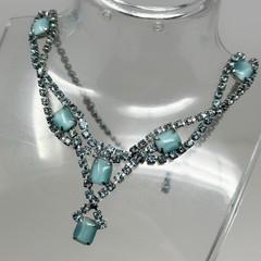 Vintage Juliana D&E DeLizza Elster Aqua Blue Rhinestone Thermoset Bib Necklace