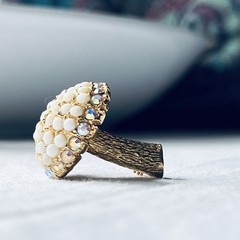 Vintage Milk Glass & Rhinestone Gold Tone Mushroom Brooch