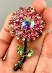 Vintage Judy Lee Rhinestone Flower Brooch Shades of AB Pink Green Long Stem READ