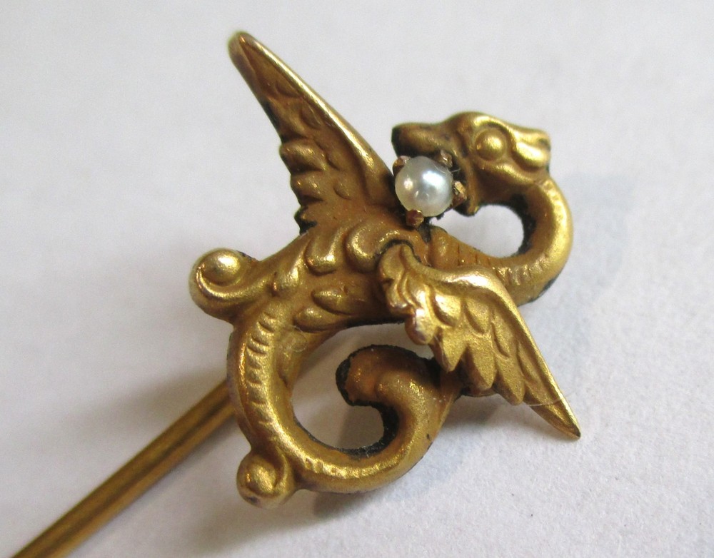 ANTIQUE VICTORIAN MYTHICAL DRAGON SEED PEARL STICK PIN GOLD GILT BRASS