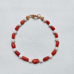 Natural Red White Coral Gemstone Bracelet Coral Beaded Handmade Brass Bracelet