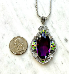 Deco Purple Glass & Multicolor Enamel Filigree Pendant Signed Helgen 17.75”Huge
